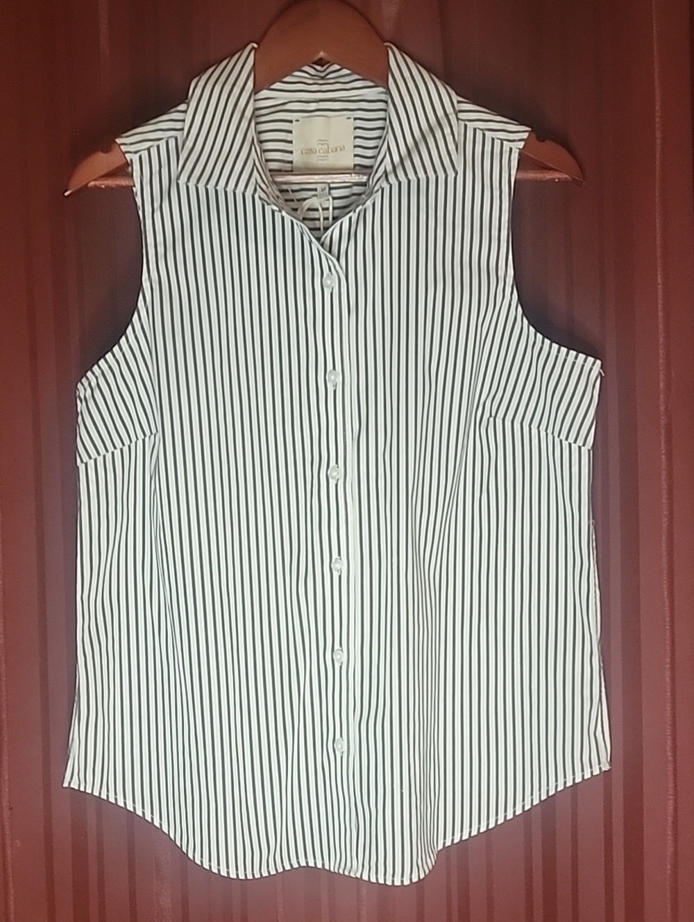 Sleeveless Button-Front Black & White Striped Collared Top